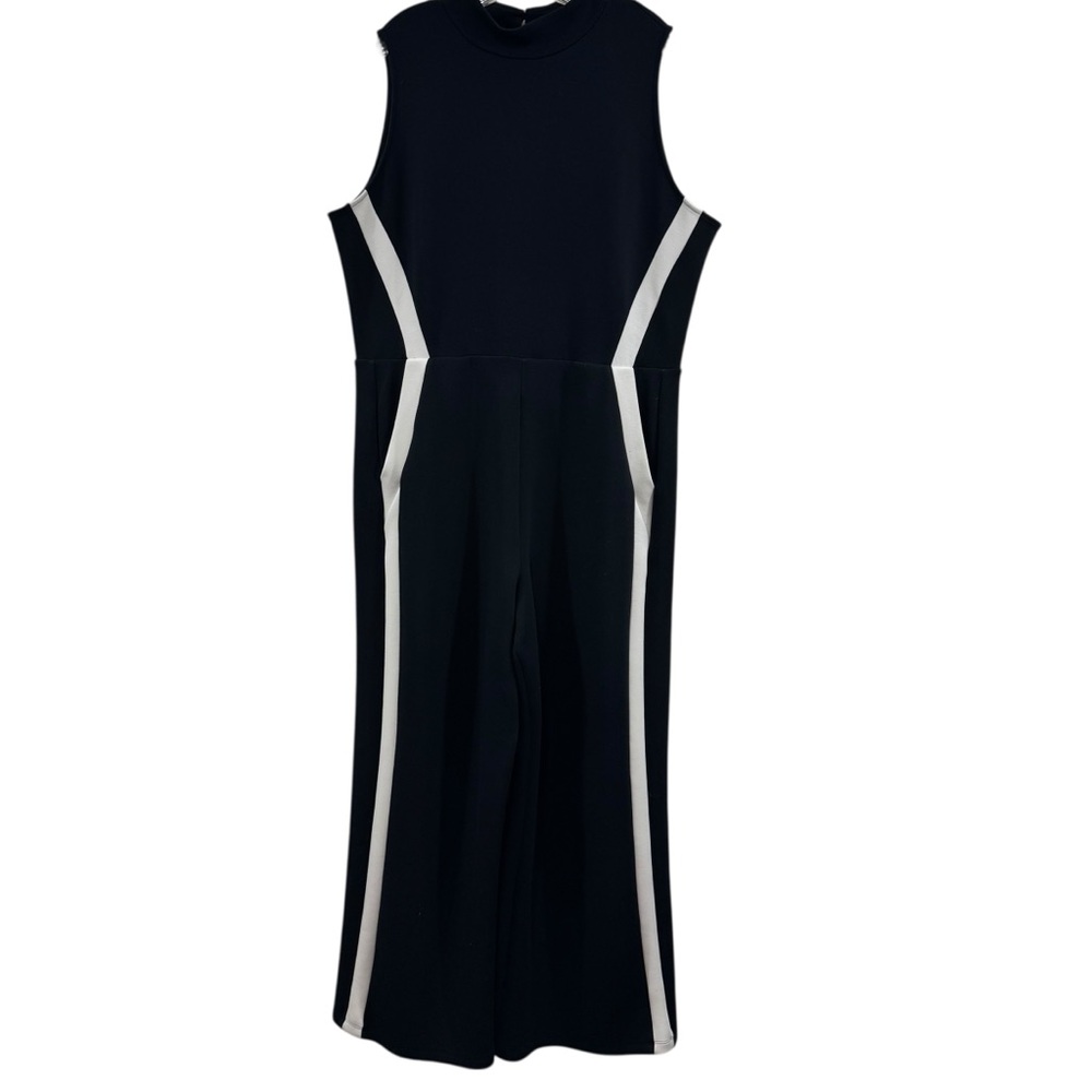 Spanx AirEssentials Mock Neck Striped Track Jumpsuit Very Black Wide Leg Size 2X - Picture 2 of 14